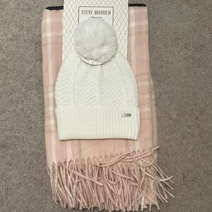 Steve Madden White Knit Beanie and Pink Plaid Scarf Set